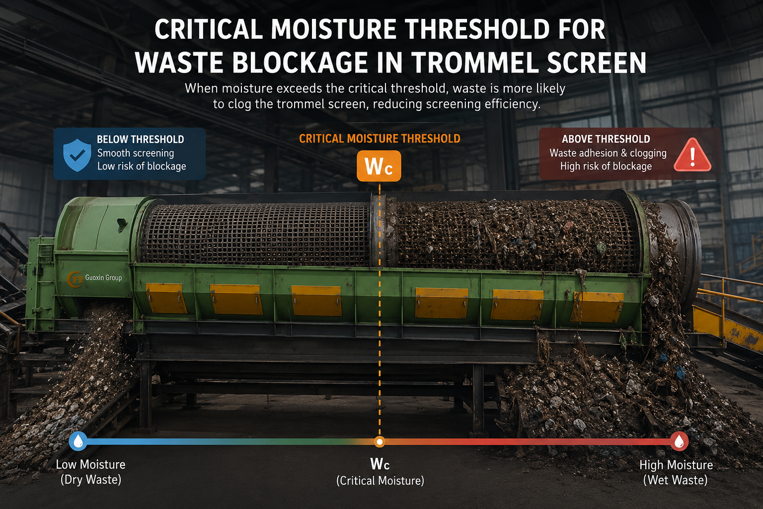 What is the Critical Moisture Threshold that Causes Blinding in a 50mm MSW Trommel Screen, and How Can It Be Mitigated Without Reducing System Throughput?